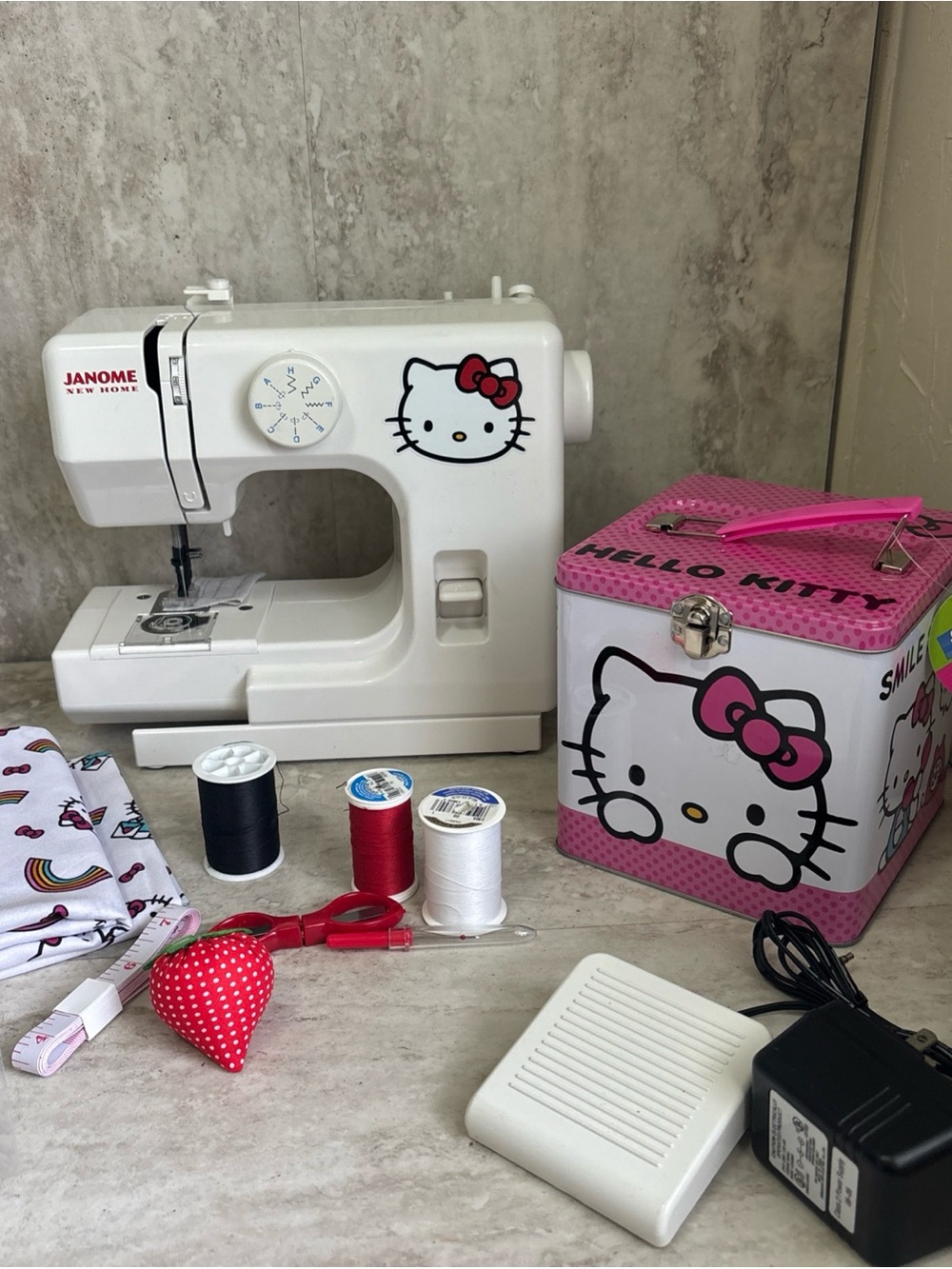 Custom Hello Kitty Sewing Lot, Janome Sewing Machine, Sewing Supplies, And Box!